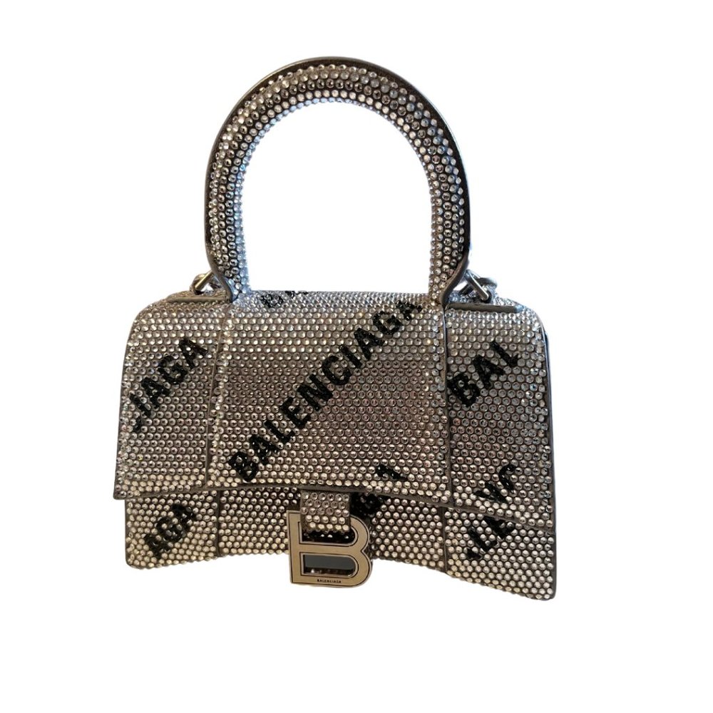 Balenciaga WOMEN'S HOURGLASS XS HANDBAG WITH RHINESTONES IN GREY